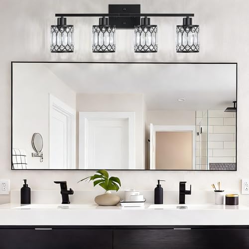 Black Modern Crystal Bathroom Vanity Wall Light 4-Light Fixture with E26 Socket