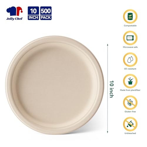 Compostable Heavy Duty 10 Inch Disposable Eco-Friendly Paper Plates - Pack of 500, Brown, Food Service