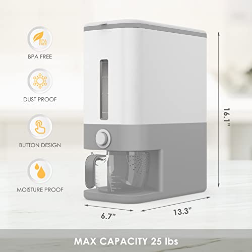 Grey 25 Lb Rice Dispenser with Measuring Cup - Airtight Grain Container