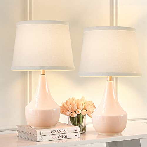 GyroVu 18.63-Inch Pink Ceramic Bedside Table Lamp Set of 2 with LED Bulbs