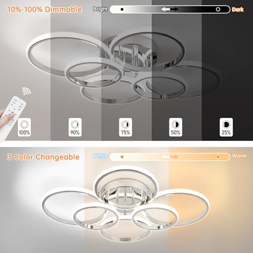 Chrome 6-Ring Dimmable LED Ceiling Light Fixture with Remote Control - Modern 60W Close to Ceiling Lighting for Living Room & Bedroom - Variation: 6 Rings, Circle