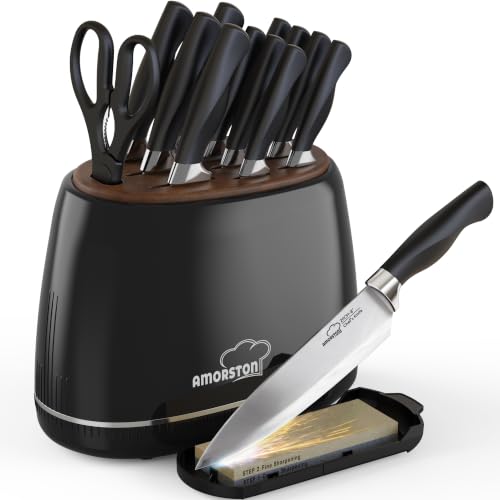 Amorston 14-Piece Kitchen Knife Set with Block & Sharpening Stone - Black
