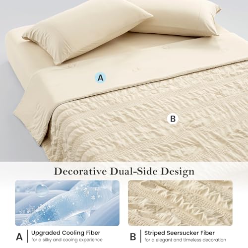 Queen Size Cooling Comforter - Khaki Seersucker Bed Bedding for Hot Sleepers