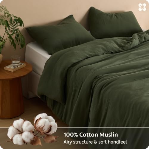 Bedsure Cotton Muslin Duvet Cover Set Queen Olive Green No Comforter