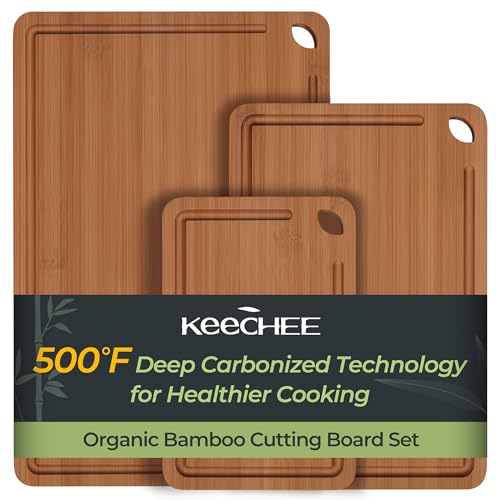 Keechee 3-Piece Carbonized Bamboo Cutting Board Set with Deep Juice Grooves & Handles