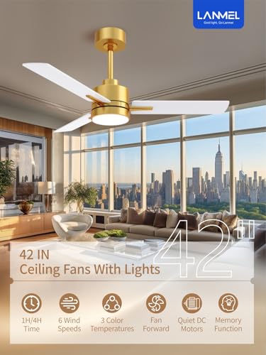 Metal Ceiling Fan with Lights and Remote Control - 42 Inch, Gold & White, Downrod Variation