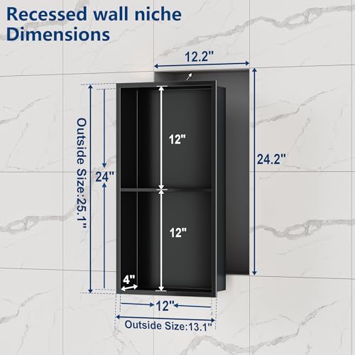 Neodrain 12x24-In Matte Black Stainless Steel Shower Niche - 2-Tier Recessed Wall Storage