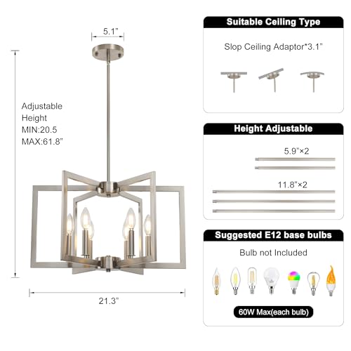 6-Light Modern Metal Geometric Chandelier - Brushed Nickel, 21in Kitchen Island Pendant Light Fixture