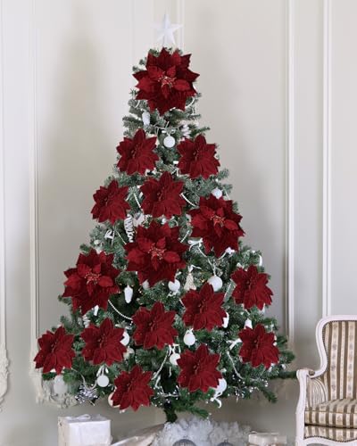 10 Inch Red Poinsettia Christmas Flowers 12pcs with Stems for Tree Wreath Decor - Vensovo