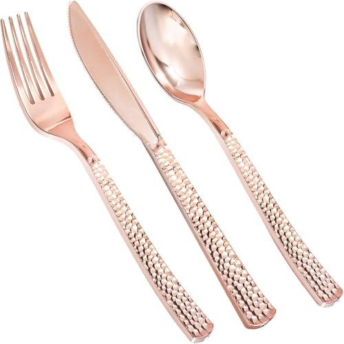 360PCS Rose Gold Plastic Silverware Set - Heavy Duty Disposable Cutlery (120 forks, 120 knives, 120 spoons) - Spherical Hammered Handle - Sku: 360PCS / Plastic Rose Gold Silverware