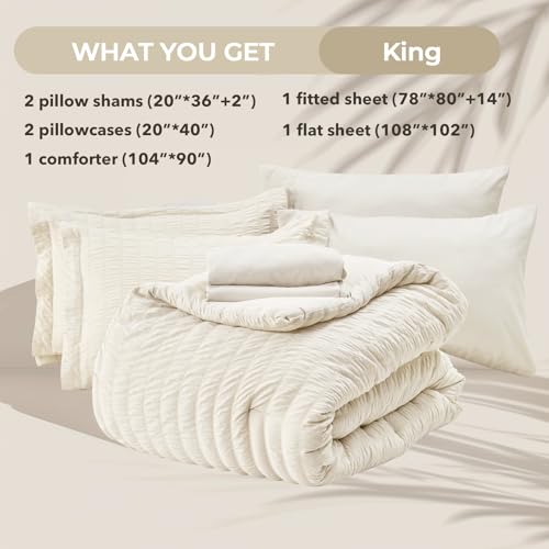 King Comforter Set 7PCS Bed in a Bag Seersucker Bedding Ivory - King(104" x 90")