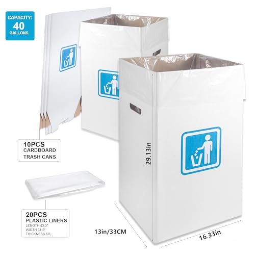 40 Gallon Cardboard Trash Cans for Events Pack of 10 with Liners - Portable & Reusable