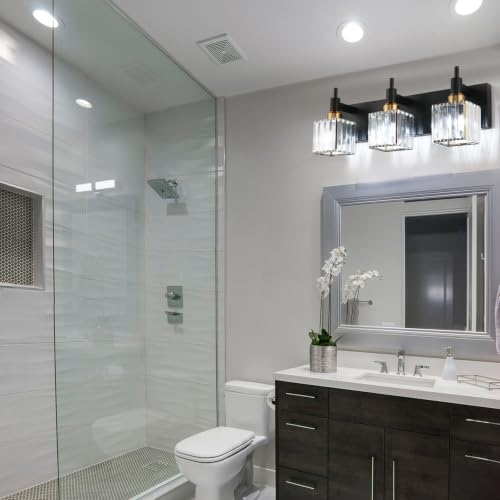 Black Gold Square Shade 3-Light Crystal Vanity Light Fixture for Bathroom – Modern Brass Wall Sconce