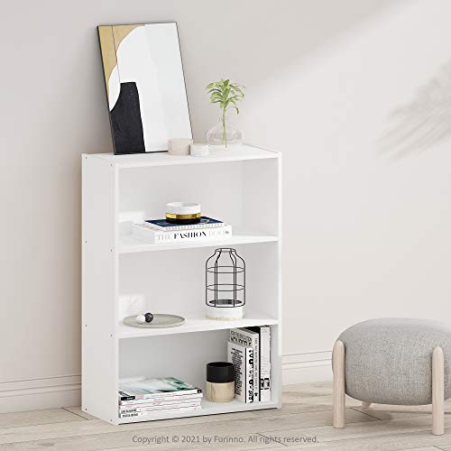 Furinno PASIR 3-Tier White Book Shelf - Wide Storage Organizer for Living Room & Home Office