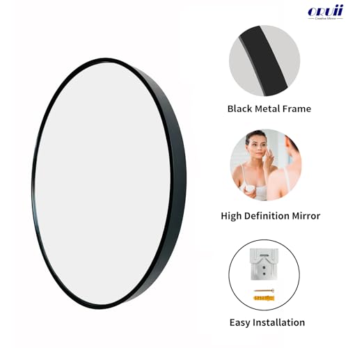 Oruii 24 Inch Black Round Mirror with Matte Black Metal Frame - Wall Mountable
