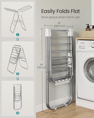 SONGMICS Foldable Metal Clothes Drying Rack White 51.2" W x 39" H, Adjustable Wings, Heavy Duty, Space-Saving Laundry Organizer