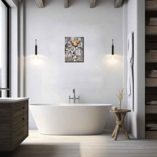 Animal Bathroom Wall Decor Highland Cow Canvas Art Farmhouse Artwork for Walls Cow Bathroom Picture Sitting in Toilet Reading Newspaper Painting Restroom Decoration