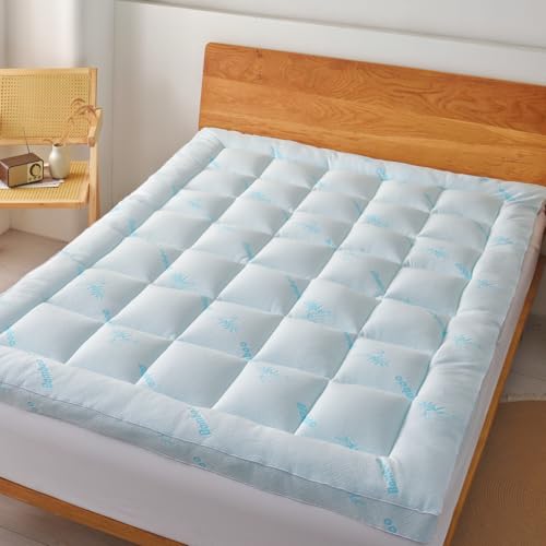 Blue King Size Bamboo Mattress Topper - Cooling Extra Thick Breathable Viscoelastc Mattress Pad with Deep Pocket