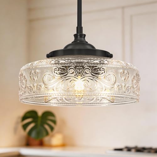 Daunton Black Patterned Glass 12in Farmhouse Pendant Light - Adjustable Kitchen Island & Bathroom Ceiling Fixture