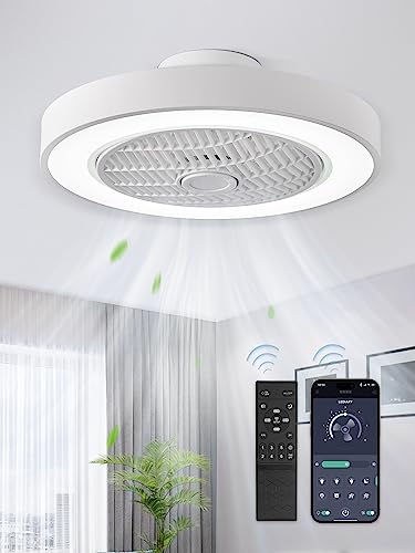20 Inch White Low Profile Bladeless Ceiling Fan Light - Dimmable LED & Remote Control