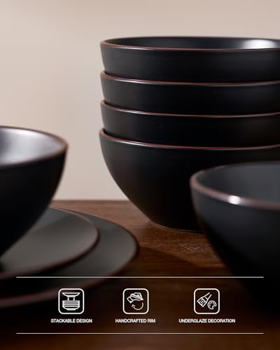 Famiware Black 12-Piece Stoneware Dinnerware Set for 4 - Plates & Bowls
