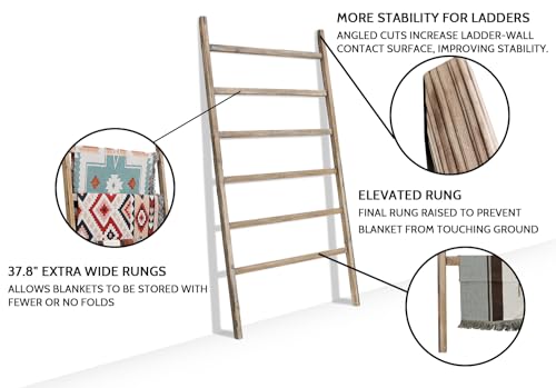 Extra Wide Wooden Blanket Ladder 38 Inch Rustic Decor Rack - Burnt Brown, 6.4ft