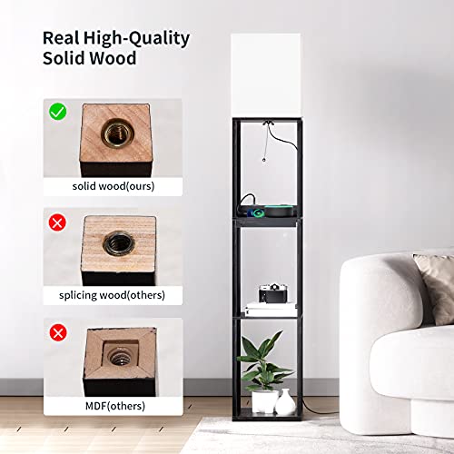 SUNMORY Black Floor Lamp with Shelves and Drawer, Solid Wood with USB & Power Outlets