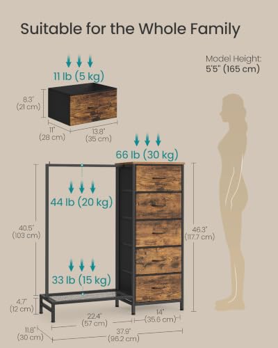 SONGMICS Rustic Brown Dresser with Hanging Rod, 5 Fabric Drawers, Bottom Shelf - 3-in-1 Closet Organizer