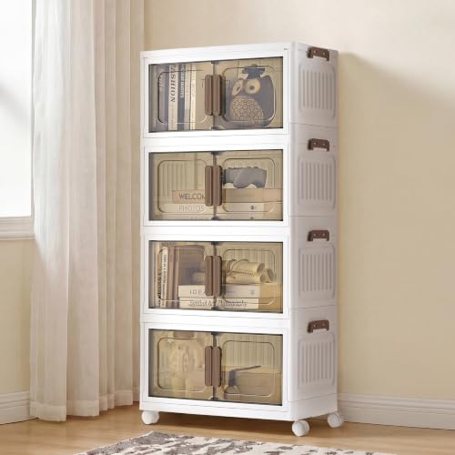 White SONGMICS 26QT Stackable Storage Bins with Lid - 4-Tier Foldable Organizer
