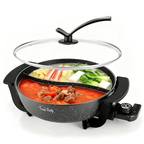 Food Party 6L Electric Hot Pot with Divider, 5-Level Temp Control, Fast Boil, Non-Stick