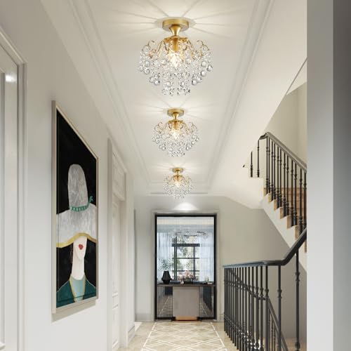 Gold Crystal Chandelier Flush Mount Ceiling Light Modern Bedroom Hallway Fixture