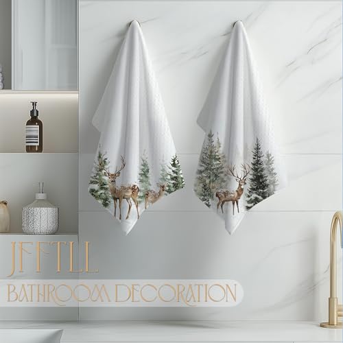 Winter Deer Christmas Kitchen Towels - Rustic Holiday Dish Hand Towels, 16x24 Inches, Set of 2