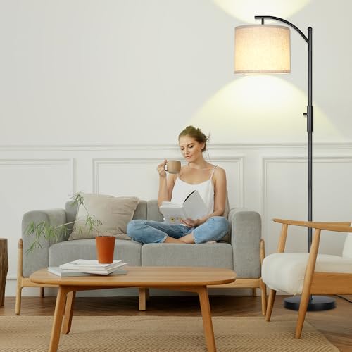 ROTTOGOON Black Dimmable Arc Floor Lamp - Modern Tall Standing Lamp with Linen Shade, 0-100% Stepless Dimming for Living Room & Bedroom
