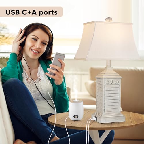 Hamucd Washed White Coastal Table Lamps Set of 2 - Beach Nautical Modern Resin Nightstand Lamps with USB A+C, 3-Color LED Lighting