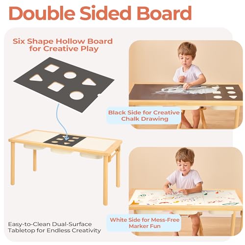 Bateso Wooden Sand and Water Table for Toddlers with 3 Storage Bins - Indoor & Outdoor Sensory Play