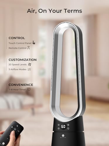ULTTY Black Bladeless Tower Fan with Remote, 20 Speeds, 3 Modes, 8H Timer, 38" Quiet Oscillating Floor Fan