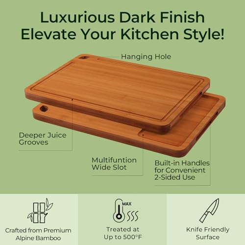 Keechee 3-Piece Carbonized Bamboo Cutting Board Set with Deep Juice Grooves & Handles