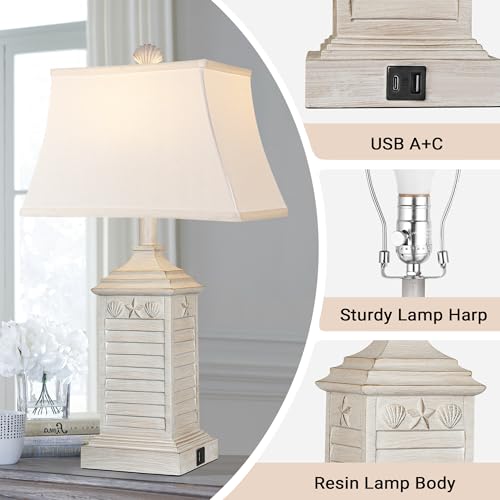 Hamucd Washed White Coastal Table Lamps Set of 2 - Beach Nautical Modern Resin Nightstand Lamps with USB A+C, 3-Color LED Lighting
