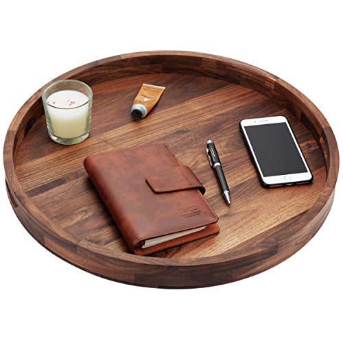 20-Inch Black Walnut Wooden Ottoman Tray with Handles - Extra Large Round Coffee Table Accessory