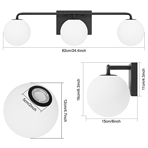 Black 24.4 Inch Mid Century Modern Bathroom Vanity Light Fixture - 3 Globe Glass Sconces