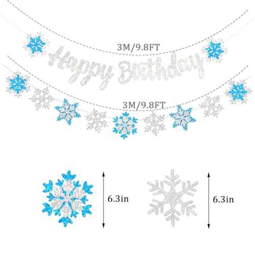 Frozen Snowflake Birthday Decorations Banner Snow Winter Glitter White and Blue Snowflake Happy Banners for Winter Wonderland Party Christmas Birthday Party Supplies Favors