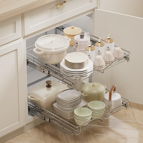 DINDON Chrome Pull Out Cabinet Organizer 22.5" W x 21.5" D - 2 Tier Kitchen Shelves