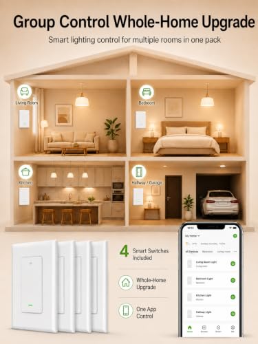 Single Pole WiFi Smart Light Switch 4 Pack - Compatible with Alexa & Google
