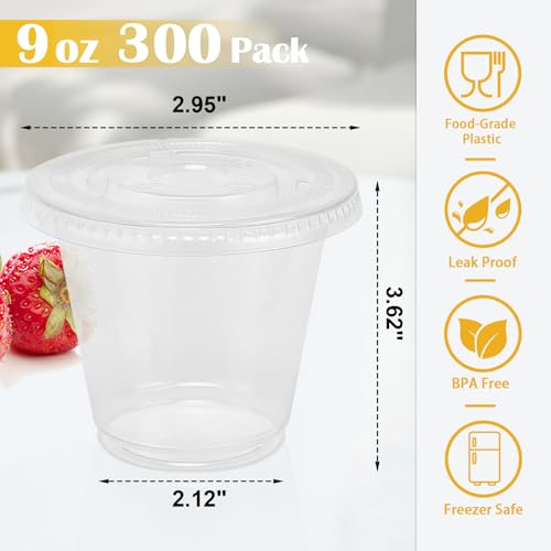 300 Pack 9 oz Clear Plastic Cups with Flat No Hole Lids - Leak-Proof, Disposable, Food-Grade PET