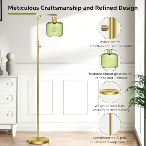Dimmable Gold Floor Lamp with Green Ribbed Glass Shade - 66" Tall, Karjoefar