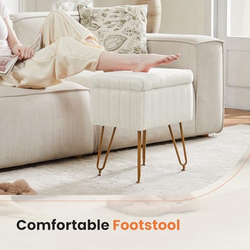 White Faux Fur Vanity Stool with Storage & Adjustable Metal Legs - Sweetcrispy