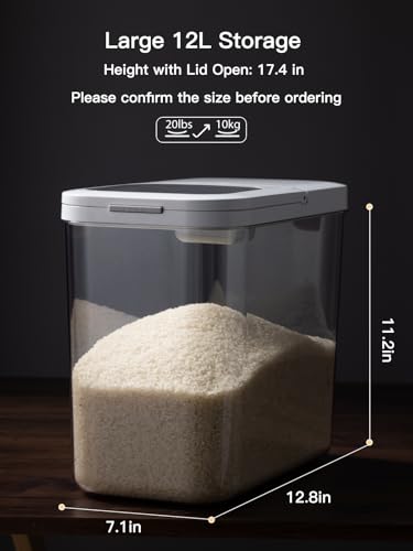Rice Dispenser 20-25 lbs with Measuring Spoon - Transparent Food Container - White Grey Variation
