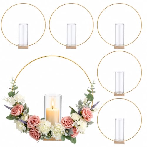 Leinuosen 12-Inch Table Centerpiece Set – 12 Gold Metal Wreath Rings with Glass Candle Holders and Wooden Stands