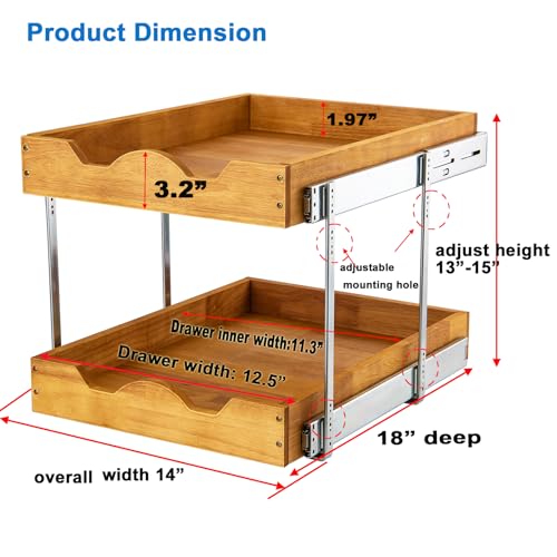 DINDON 2 Tier Pull Out Cabinet Organizer (14" W x 18" D) Slide Out Wood Drawer, Two Tier Sliding Shelf Organization and Storage…
