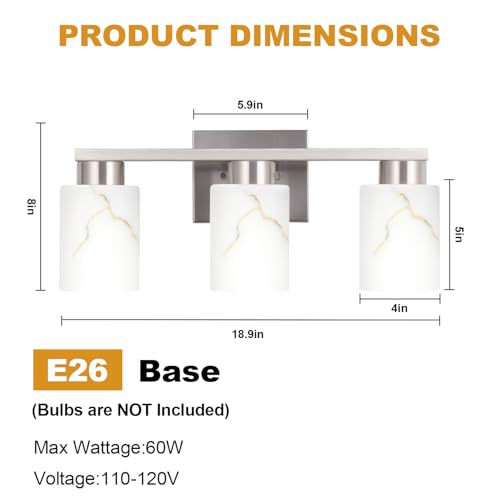 Brushed Nickel 3-Light Bathroom Vanity Light Fixture with White Marble Glass - Modern Wall Lamp